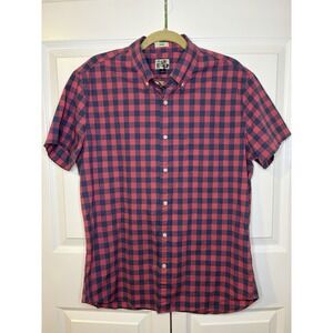 J. Crew Slim Secret Wash Stretch Short Sleeve Shirt Pink/Blue Plaid Mens Large